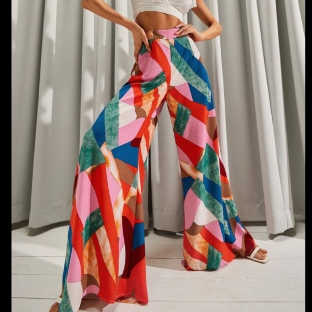 LUUKSE Lightweight FLOWY COLORFUL Print Wide Leg Pants Size Medium